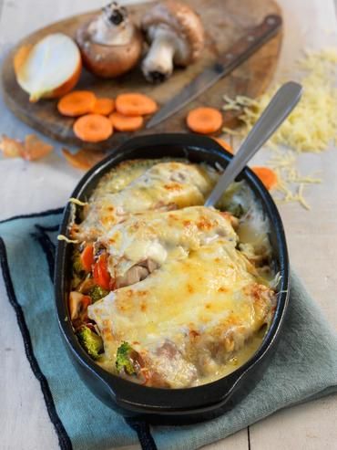 Roulés gratinés de jambon aux petits légumes